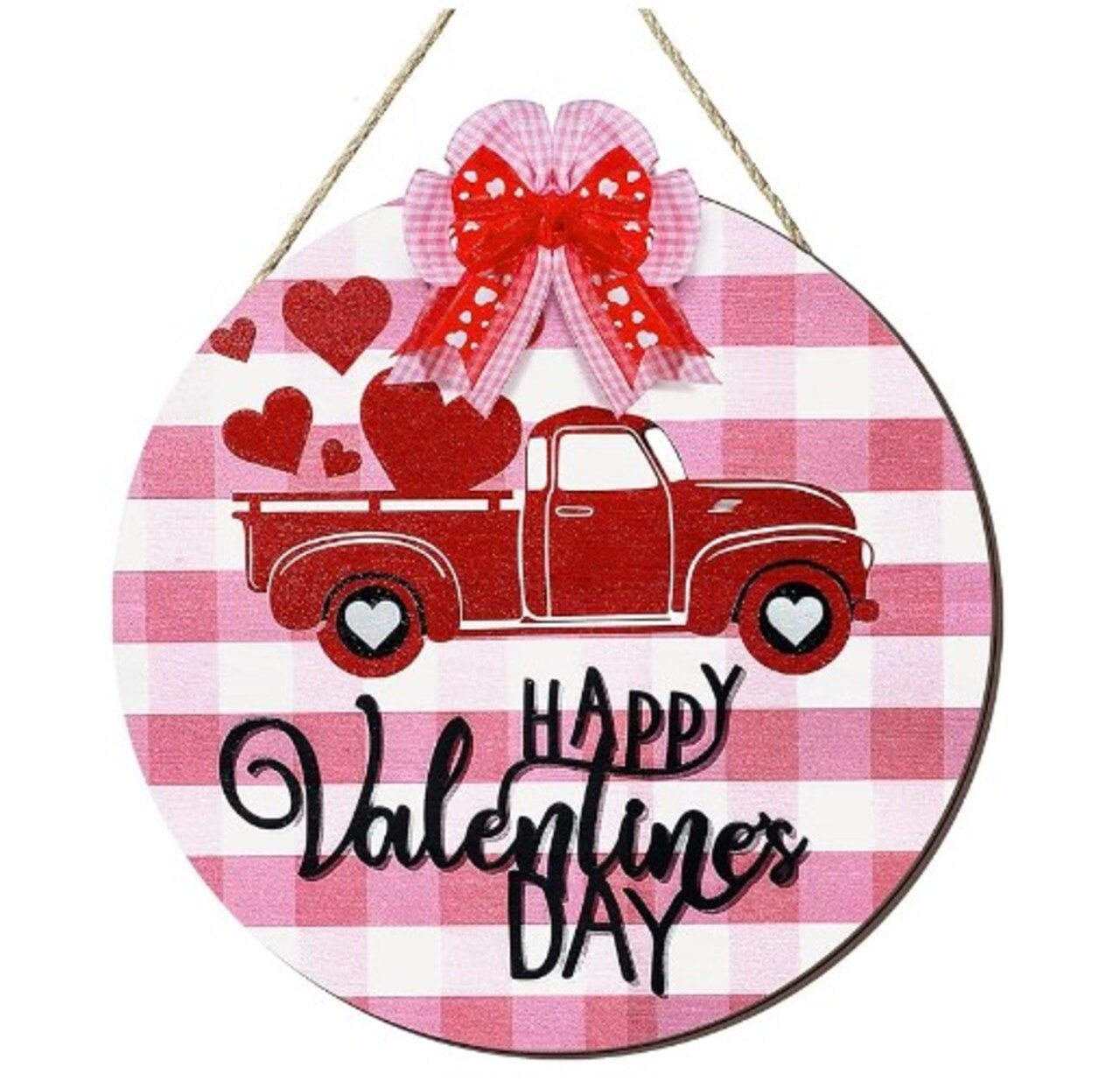 Valentine's Day Wooden Decor Truck Wreath Decor Pink Buffalo Plaid Door Hanging Decorations for Valentine's Day Valentine's Day Wooden Wall Plaque
